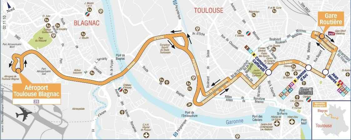 mapa ng Toulouse airport shuttle ruta