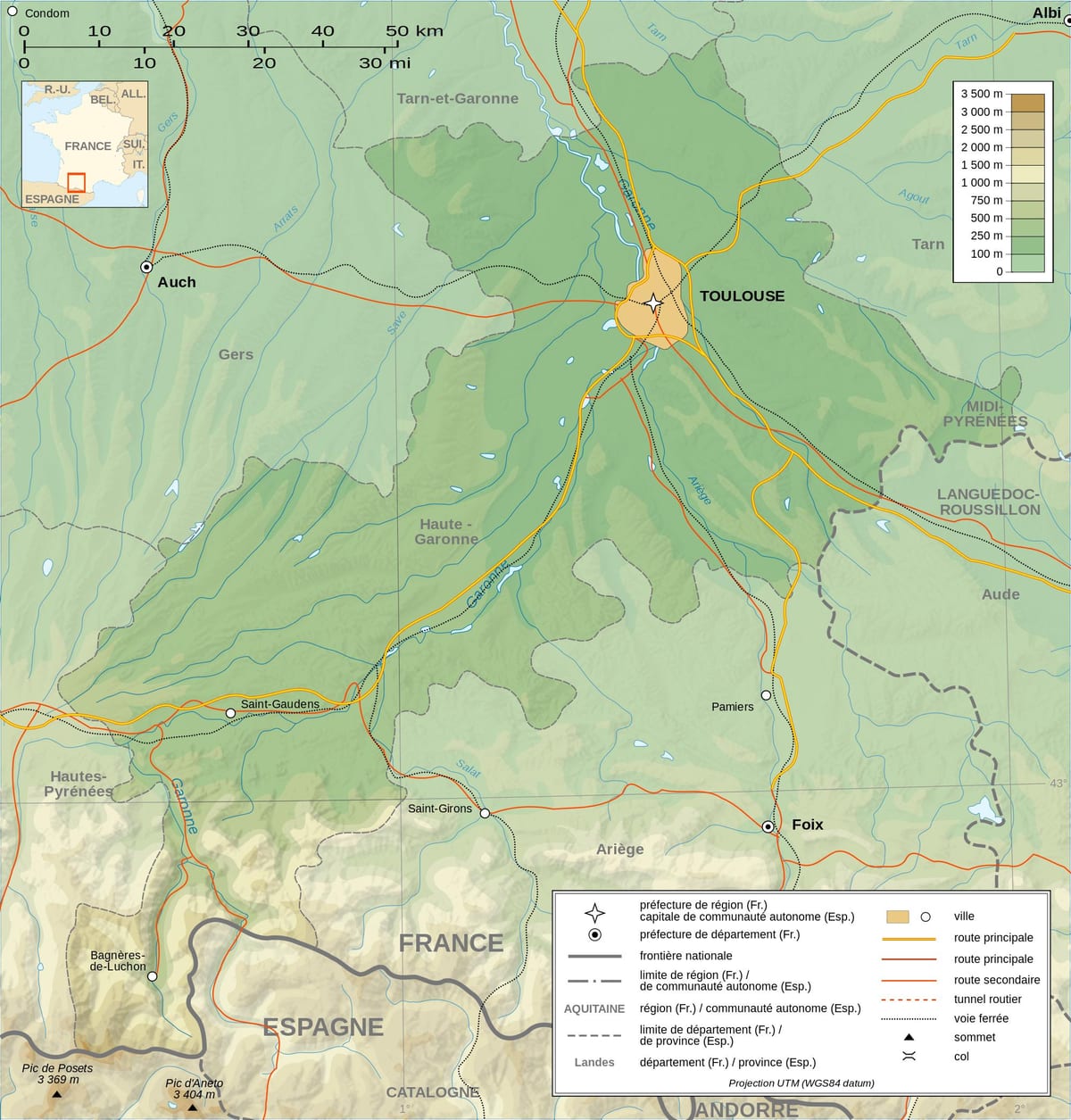 topographic mapa ng Toulouse